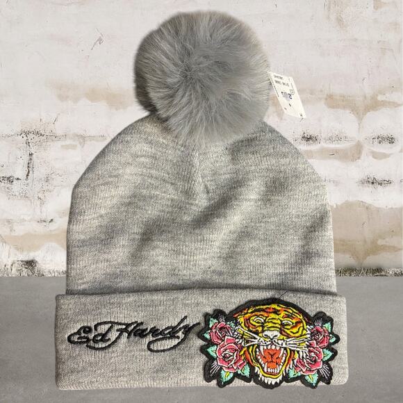 Ed Hardy Accessories - Ed Hardy Tiger Roses Beanie Hat with Pom Pom NWT
